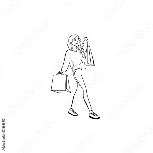 Black and white line art of a beautiful happy woman carrying shopping bags minimalist cheerful illustration