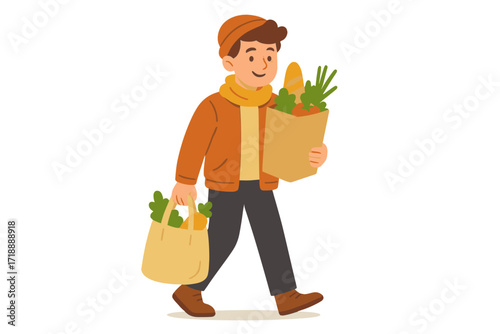 Young man carrying paper and reusable grocery bags full of fresh vegetables, bread, autumn clothing, eco friendly shopping, happy cartoon character lifestyle illustration