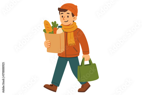 Young man shopping with paper and reusable bags full of groceries, autumn clothing outfit, healthy eating, sustainable lifestyle, flat vector illustration of guy with food items