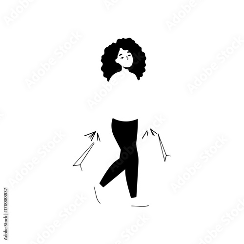 Black and white line art of a beautiful happy woman carrying shopping bags minimalist cheerful illustration