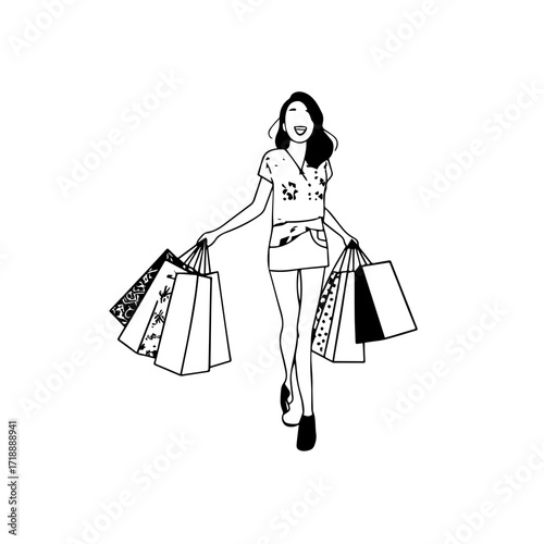 Black and white line art of a beautiful happy woman carrying shopping bags minimalist cheerful illustration
