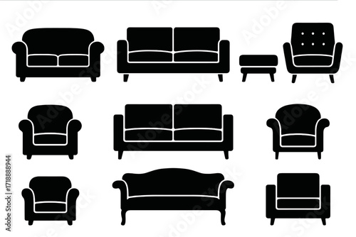 Black silhouette vector set of modern and classic sofas and armchairs with transparent background, living room furniture icons, stylish couch and seat designs, home interior decor elements