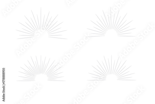 Set of four minimalistic linear sunburst rays vector illustrations with transparent background, decorative design elements, radial abstract shapes, energy and light concept graphics