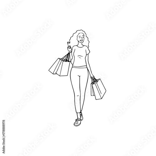 Black and white line art of a beautiful happy woman carrying shopping bags minimalist cheerful illustration