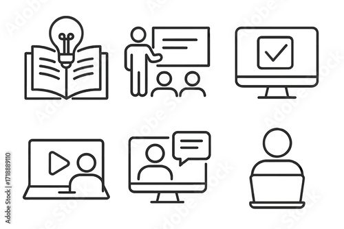 Webinar and online education line icon set. E-learning, training course, seminar, and video tutorial symbols. Distance learning and business presentation vector icons.