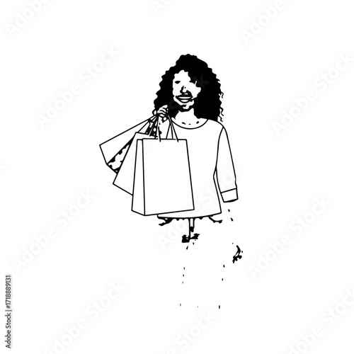 Black and white line art of a beautiful happy woman carrying shopping bags minimalist cheerful illustration