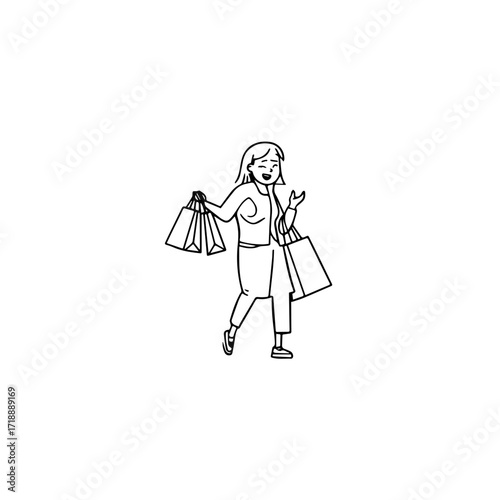 Black and white line art of a beautiful happy woman carrying shopping bags minimalist cheerful illustration