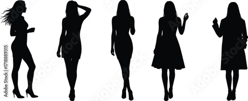 Silhouette women fashion poses, stylish female figures, elegant dress illustration, high heels models, trendy clothing design, modern woman outline, fashion art concept, vector style