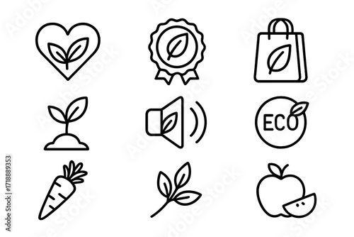 Vegan and organic web icons in thin line style. Eco, healthy food badges. Vector illustration collection of bio, natural, plant based symbols for packaging and labels.