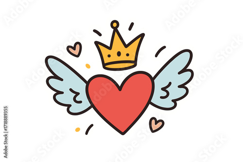 Vector romantic love sticker. Winged heart with a crown. King or queen of my heart concept. Cute cartoon doodle style. Flat illustration for valentine's day, patch or print.