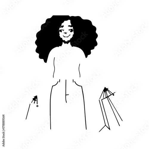 Black and white line art of a beautiful happy woman carrying shopping bags minimalist cheerful illustration