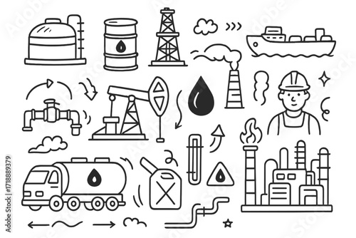 Oil gas industry doodle set. Petroleum extraction concept. Fuel energy production. Vector icon collection. Line art sketch of rig, pumpjack, refinery, tanker, factory, worker.
