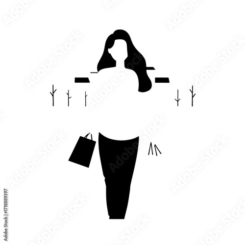 Black and white line art of a beautiful happy woman carrying shopping bags minimalist cheerful illustration