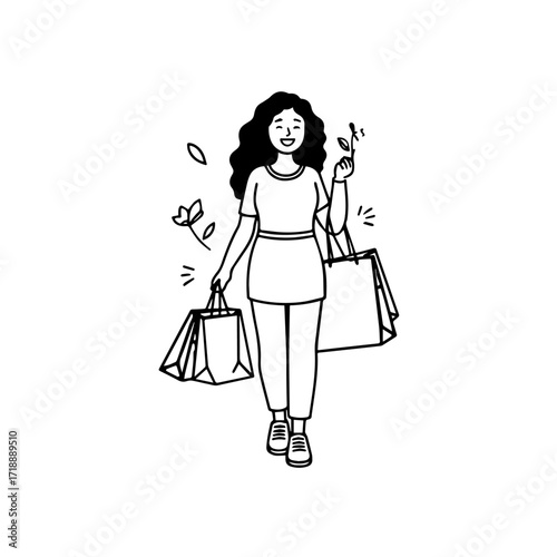 Black and white line art of a beautiful happy woman carrying shopping bags minimalist cheerful illustration