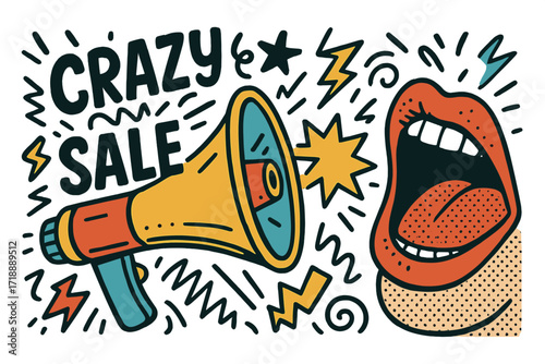 Crazy Sale announcement. Mouth shouting in megaphone. 90s retro comic style vector illustration. Doodle poster for advertising, promotions, and discounts. Pop art banner.