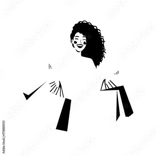 Black and white line art of a beautiful happy woman carrying shopping bags minimalist cheerful illustration