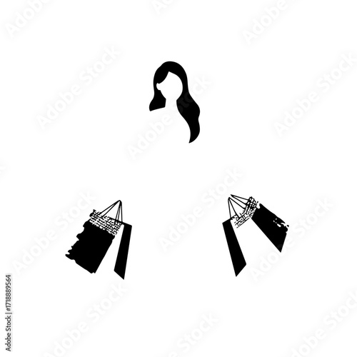 Black and white line art of a beautiful happy woman carrying shopping bags minimalist cheerful illustration