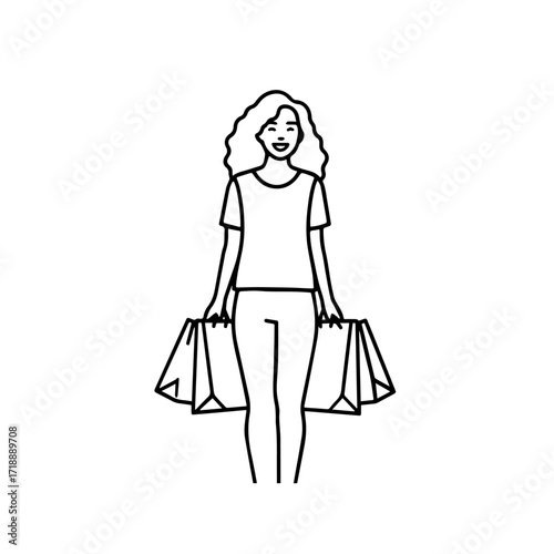 Black and white line art of a beautiful happy woman carrying shopping bags minimalist cheerful illustration