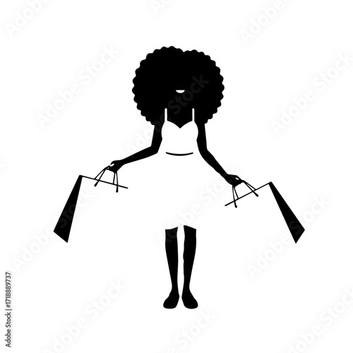 Black and white line art of a beautiful happy woman carrying shopping bags minimalist cheerful illustration