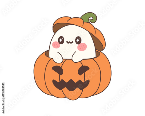 Adorable Halloween ghost peeking out from a pumpkin, cute spooky illustration for holiday celebrations and decorations