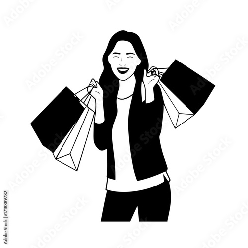 Black and white line art of a beautiful happy woman carrying shopping bags minimalist cheerful illustration