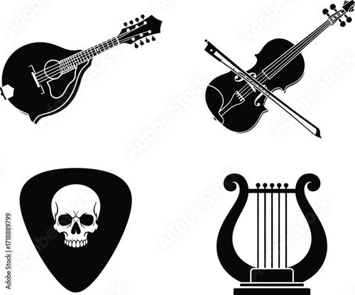 Music instruments mandolin violin lyre guitar pick silhouette