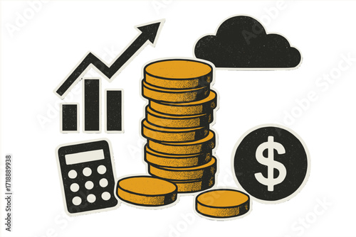 Trendy retro halftone business concept collage with stack of golden coins, calculator, dollar sign, cloud, and rising arrow graph, financial planning illustration