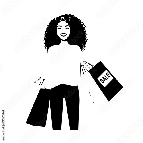 Black and white line art of a beautiful happy woman carrying shopping bags minimalist cheerful illustration