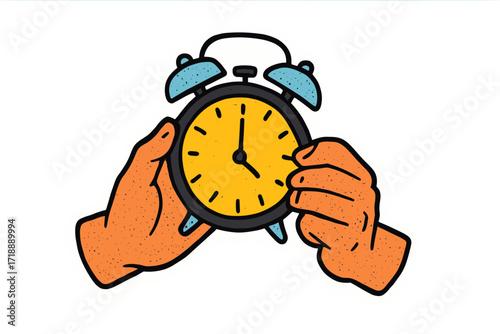 Two male hands holding a vintage alarm clock, trendy halftone collage sticker, concept of time management, coming deadline, punctuality, contemporary vector clipart, back to school design