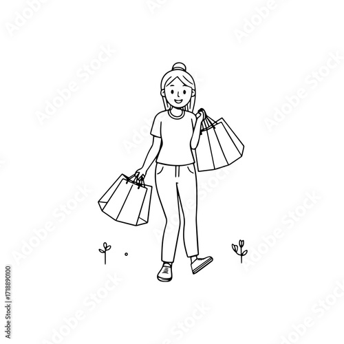 Black and white line art of a beautiful happy woman carrying shopping bags minimalist cheerful illustration