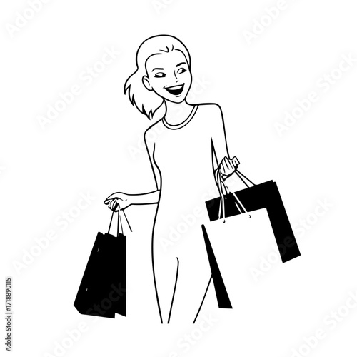 Black and white line art of a beautiful happy woman carrying shopping bags minimalist cheerful illustration