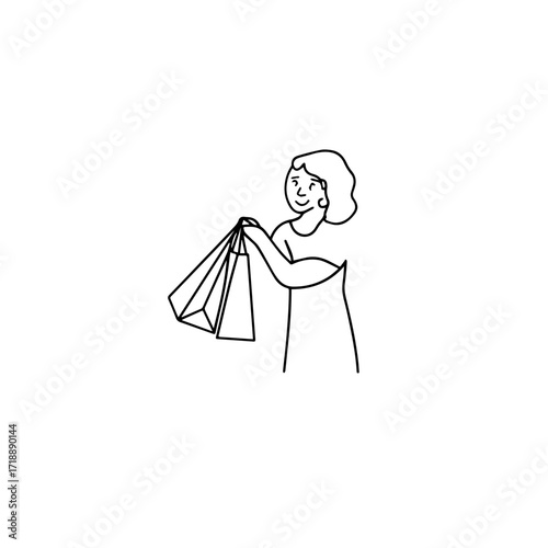Black and white line art of a beautiful happy woman carrying shopping bags minimalist cheerful illustration