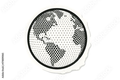 Abstract vector dotted globe sticker with torn paper effect, halftone collage style showing central hemisphere with North America, South America, Europe, and Africa continents