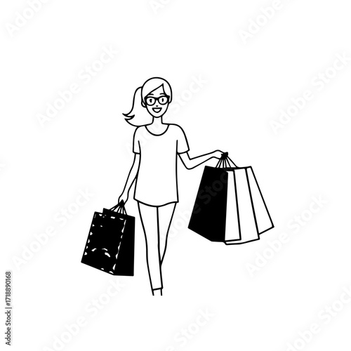 Black and white line art of a beautiful happy woman carrying shopping bags minimalist cheerful illustration