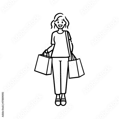 Black and white line art of a beautiful happy woman carrying shopping bags minimalist cheerful illustration