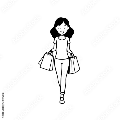 Black and white line art of a beautiful happy woman carrying shopping bags minimalist cheerful illustration