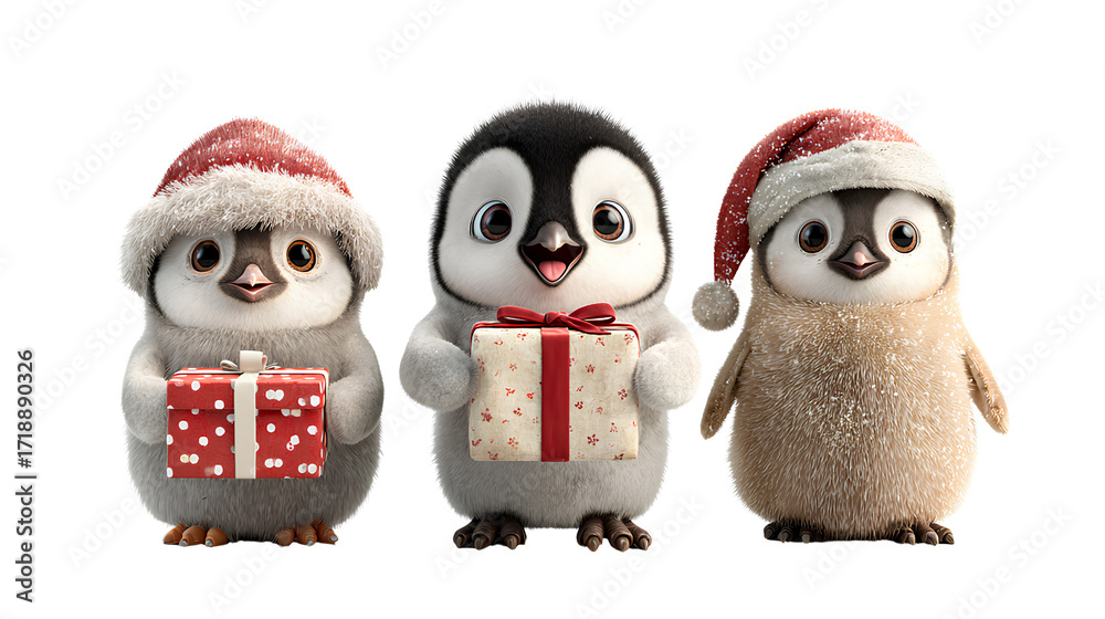 Obraz premium Penguin Bundle Wearing Christmas Hats and Holding Gifts in Cute, Cartoon, and Realistic Styles isolated on transparent background