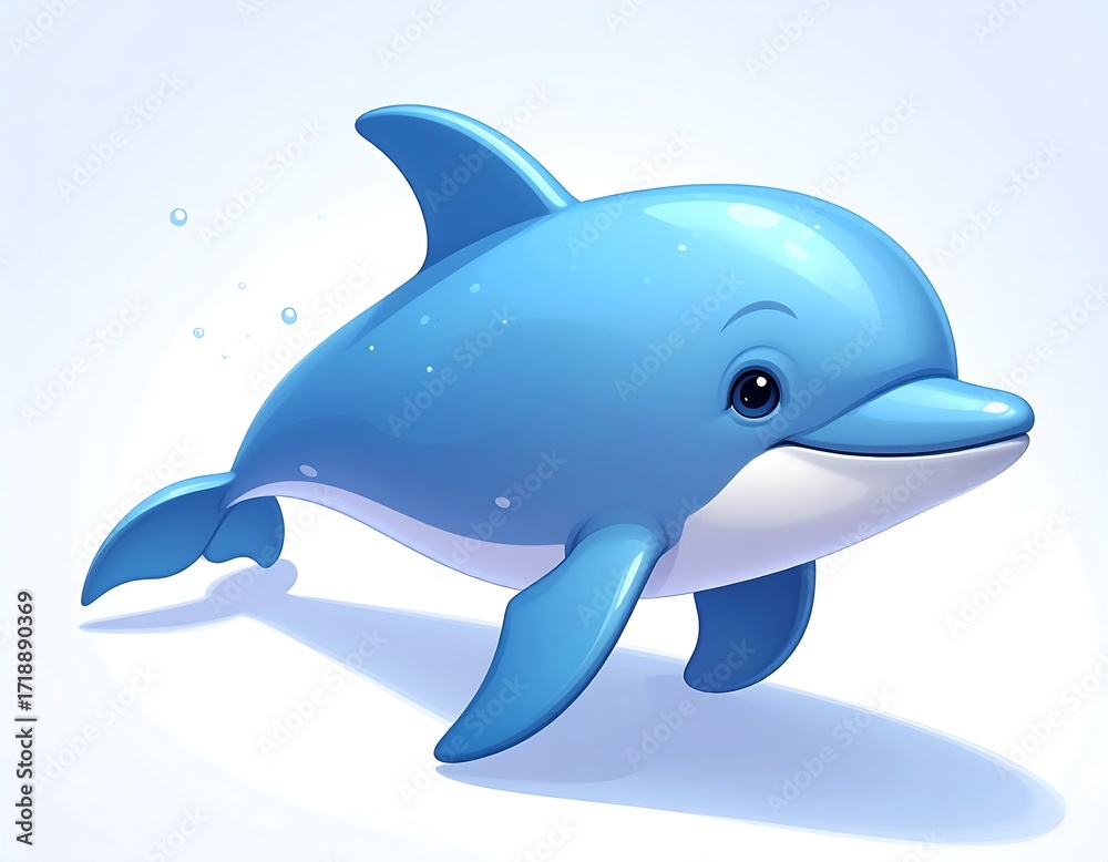 Obraz premium A charming cartoon dolphin swims playfully in a bright, aquatic environment, smiling.