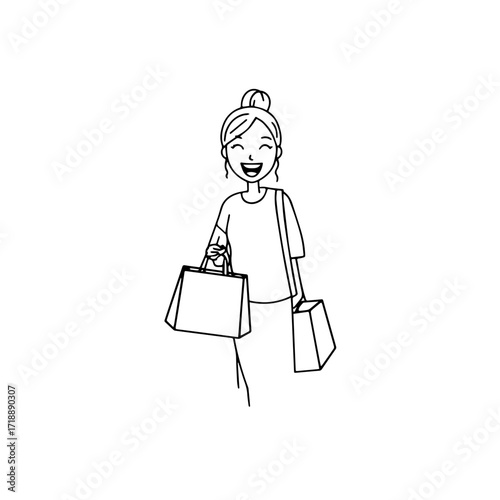 Black and white line art of a beautiful happy woman carrying shopping bags minimalist cheerful illustration