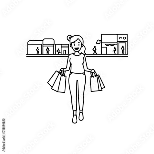 Black and white line art of a beautiful happy woman carrying shopping bags minimalist cheerful illustration