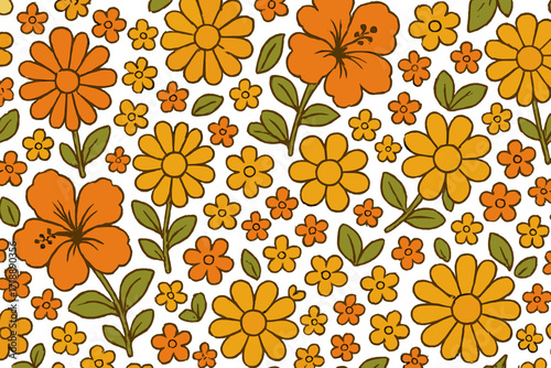 Vintage retro groovy tropical flowers seamless pattern with hippie 60s 70s naive style, vibrant orange yellow blossoms and green leaves, boho minimalist summer background