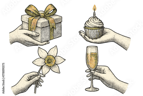 Vintage elegant halftone collage of female hands holding gift box with golden bow, birthday cupcake with candle, champagne flute toast, and blooming daffodil flower, dotted vector mixed media art