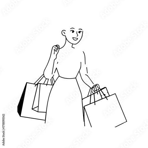 Black and white line art of a beautiful happy woman carrying shopping bags minimalist cheerful illustration