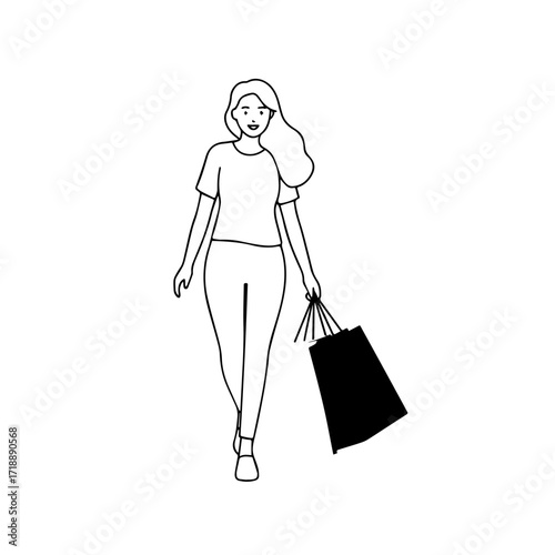 Black and white line art of a beautiful happy woman carrying shopping bags minimalist cheerful illustration