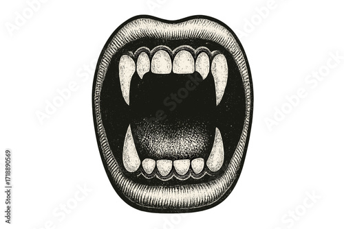 Widely open vampire mouth with sharp fangs, Halloween horror illustration, vintage halftone dotted texture, realistic cartoon vector clipart, 90s grunge style design