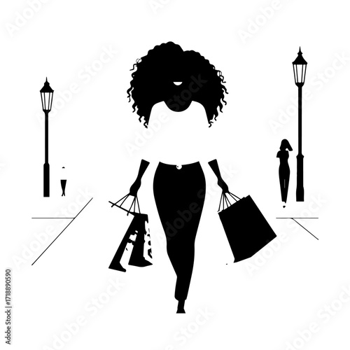 Black and white line art of a beautiful happy woman carrying shopping bags minimalist cheerful illustration