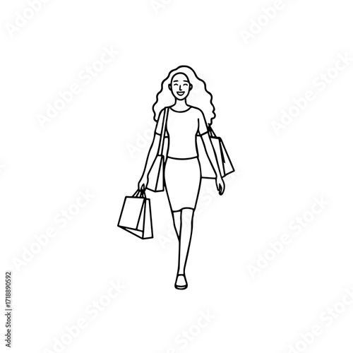 Black and white line art of a beautiful happy woman carrying shopping bags minimalist cheerful illustration