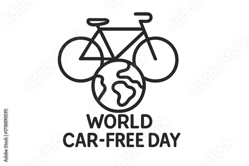 World Car-Free Day logo with bicycle and globe. Minimalistic linear vector illustration. Hand-drawn style vector cartoon. Eco-friendly transportation concept, sustainable travel design.