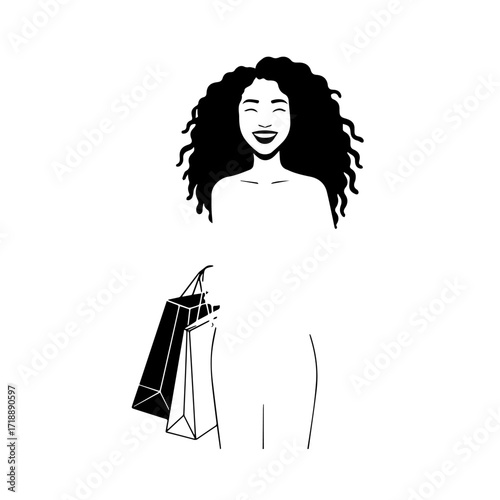 Black and white line art of a beautiful happy woman carrying shopping bags minimalist cheerful illustration