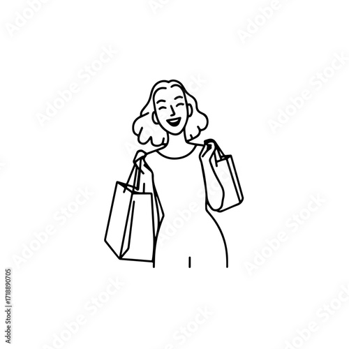 Black and white line art of a beautiful happy woman carrying shopping bags minimalist cheerful illustration